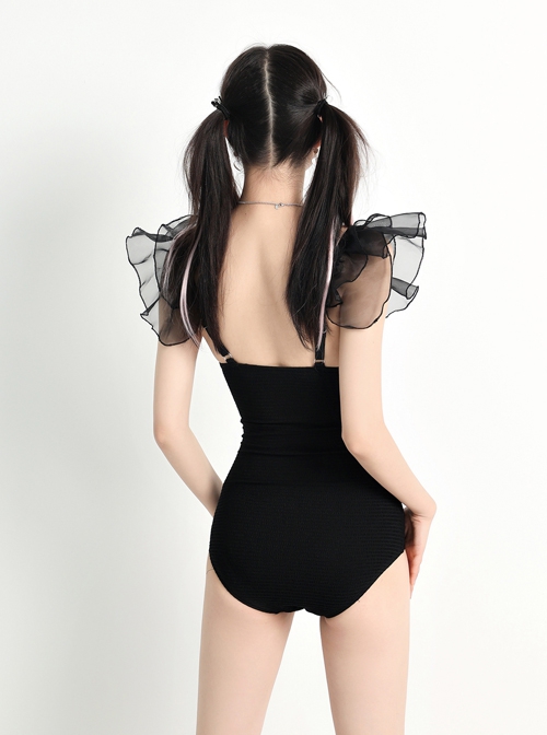 Sexy Backless Front Open Button Design Simple Black Translucent Detachable Petal Hem Two Wear Short Sleeve One-Piece Swimsuit