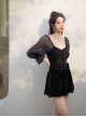 Pure Color Square Neck Lace-Up Design Conservative Sun Protection Mesh Long-Sleeved One-Piece Swimsuit