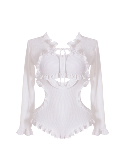 White Sexy Hollow Ruffle Sun Protection Long-Sleeved Coat Classic Lolita Sleeveless One-Piece Swimsuit Set