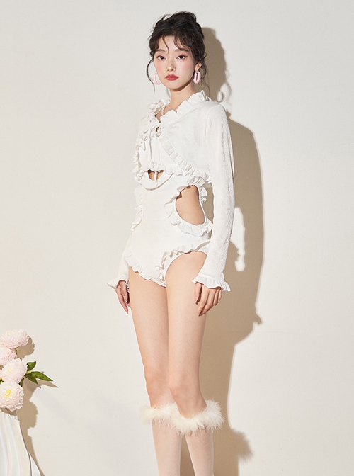 White Sexy Hollow Ruffle Sun Protection Long-Sleeved Coat Classic Lolita Sleeveless One-Piece Swimsuit Set