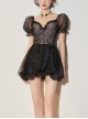 Black Lace Sexy Elegant Hollow Puff Sleeve Sweet Short-Sleeved One-Piece Swimsuit