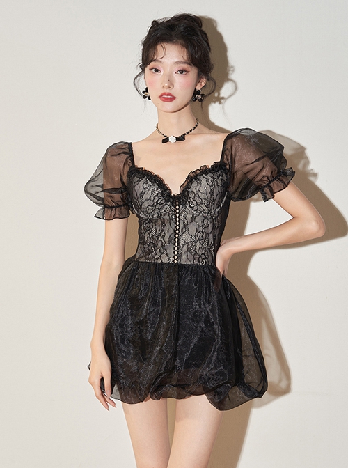 Black Lace Sexy Elegant Hollow Puff Sleeve Sweet Short-Sleeved One-Piece Swimsuit