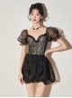 Black Lace Sexy Elegant Hollow Puff Sleeve Sweet Short-Sleeved One-Piece Swimsuit