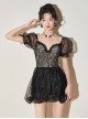 Black Lace Sexy Elegant Hollow Puff Sleeve Sweet Short-Sleeved One-Piece Swimsuit