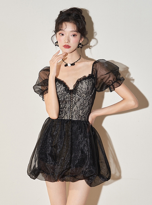 Black Lace Sexy Elegant Hollow Puff Sleeve Sweet Short-Sleeved One-Piece Swimsuit