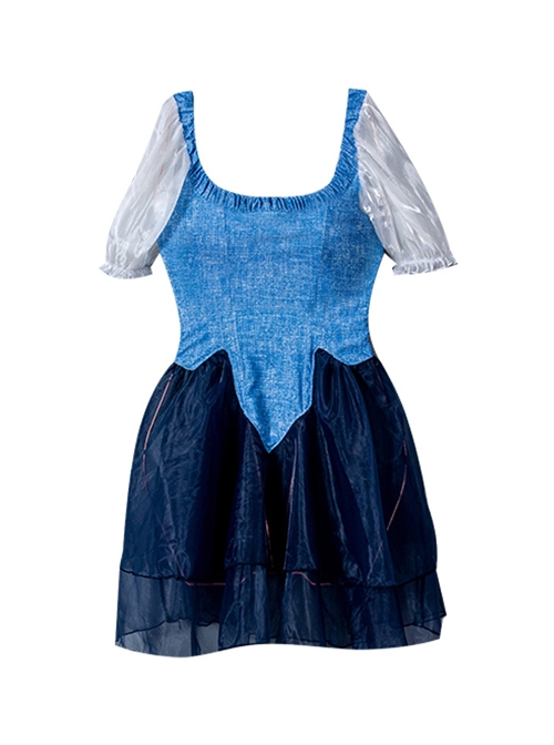 Denim Stitching Mesh Cute Puff Sleeve Conservative Square Neck Short Sleeve Skirt Style Swimsuit