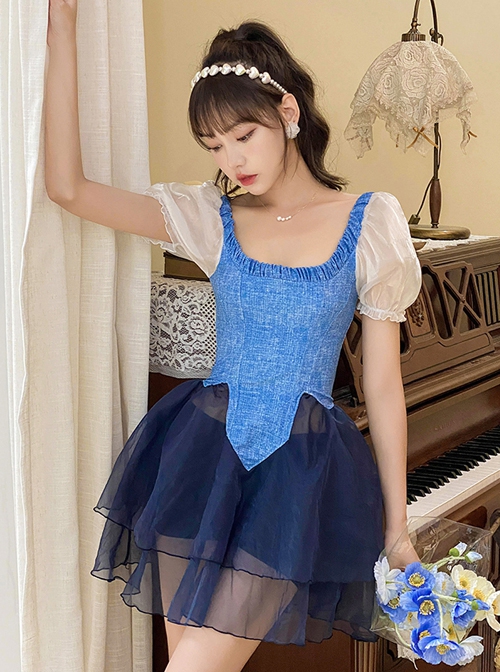 Denim Stitching Mesh Cute Puff Sleeve Conservative Square Neck Short Sleeve Skirt Style Swimsuit