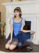 Denim Stitching Mesh Cute Puff Sleeve Conservative Square Neck Short Sleeve Skirt Style Swimsuit