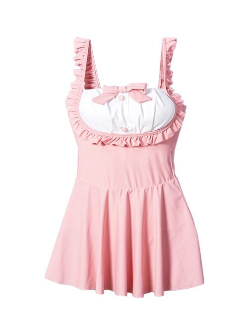 Stitching Ruffles Sweet Girly Bowknot Decoration Little Maid Outfit Sexy Backless Sleeveless One-Piece Swimsuit