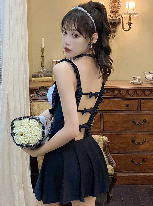 Stitching Ruffles Sweet Girly Bowknot Decoration Little Maid Outfit Sexy Backless Sleeveless One-Piece Swimsuit
