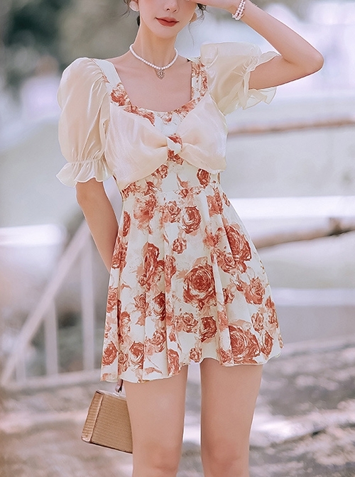 Retro Square Neck Rose Printing Elegant Sweet Puff Sleeve Conservative Short Sleeve One-Piece Skirt Style Swimsuit