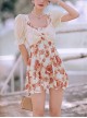 Retro Square Neck Rose Printing Elegant Sweet Puff Sleeve Conservative Short Sleeve One-Piece Skirt Style Swimsuit
