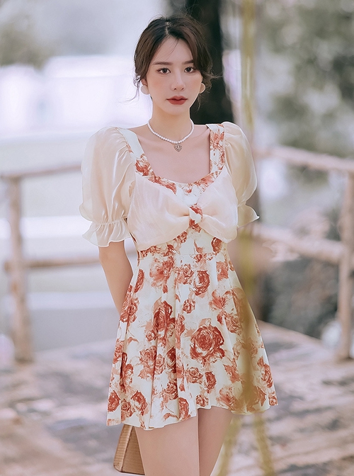 Retro Square Neck Rose Printing Elegant Sweet Puff Sleeve Conservative Short Sleeve One-Piece Skirt Style Swimsuit