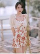 Retro Square Neck Rose Printing Elegant Sweet Puff Sleeve Conservative Short Sleeve One-Piece Skirt Style Swimsuit