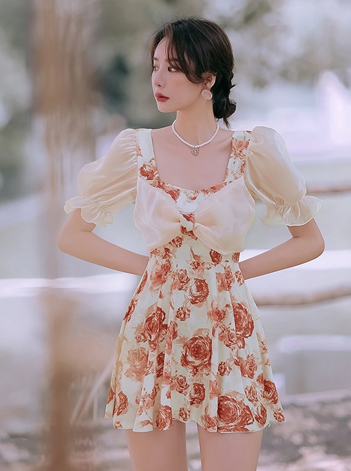 Retro Square Neck Rose Printing Elegant Sweet Puff Sleeve Conservative Short Sleeve One-Piece Skirt Style Swimsuit