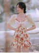 Retro Square Neck Rose Printing Elegant Sweet Puff Sleeve Conservative Short Sleeve One-Piece Skirt Style Swimsuit