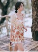 Retro Square Neck Rose Printing Elegant Sweet Puff Sleeve Conservative Short Sleeve One-Piece Skirt Style Swimsuit