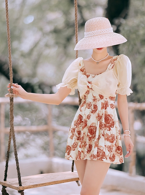 Retro Square Neck Rose Printing Elegant Sweet Puff Sleeve Conservative Short Sleeve One-Piece Skirt Style Swimsuit