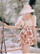 Retro Square Neck Rose Printing Elegant Sweet Puff Sleeve Conservative Short Sleeve One-Piece Skirt Style Swimsuit