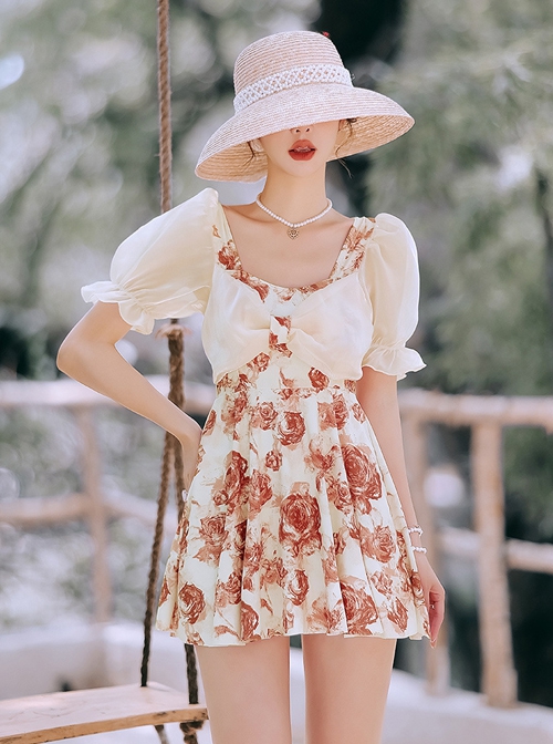 Retro Square Neck Rose Printing Elegant Sweet Puff Sleeve Conservative Short Sleeve One-Piece Skirt Style Swimsuit