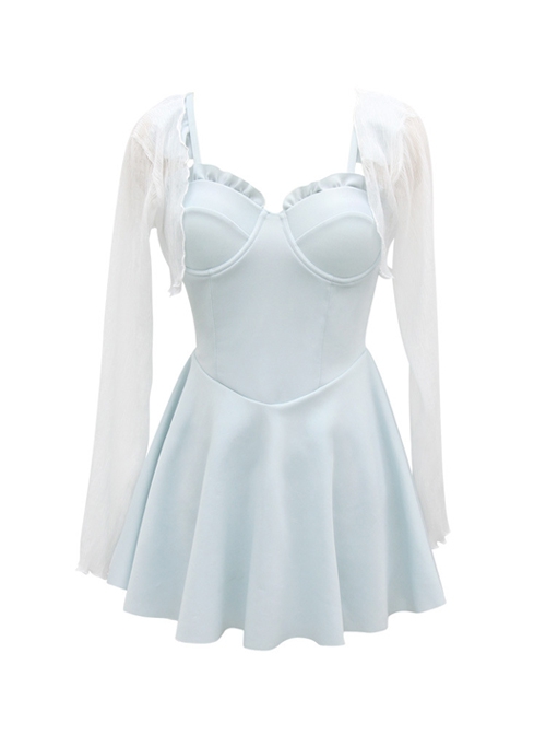 Pure Color Simple Design Slim Fit Adjustable Shoulder Strap Sleeveless One-Piece Skirt Style Swimsuit Set