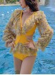 Sexy Deep V Hollow Flower Lace Summer Lantern Sleeves Backless Long-Sleeved One-Piece Swimsuit