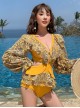 Sexy Deep V Hollow Flower Lace Summer Lantern Sleeves Backless Long-Sleeved One-Piece Swimsuit