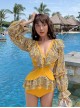 Sexy Deep V Hollow Flower Lace Summer Lantern Sleeves Backless Long-Sleeved One-Piece Swimsuit