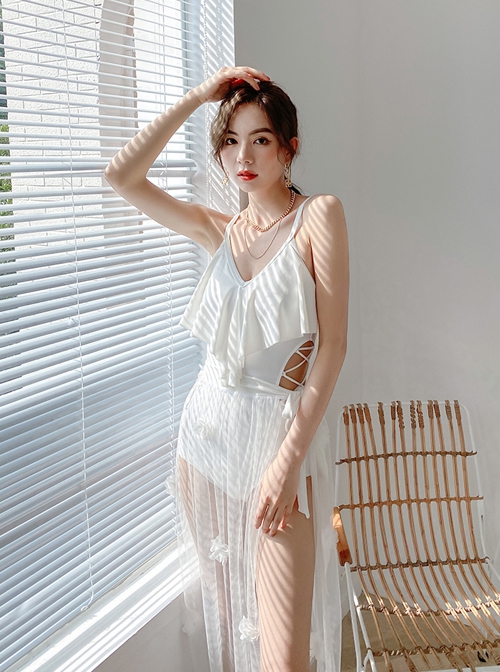 Solid Color V-Neck Hollow Lace-Up Design Three-Dimensional Flower Decoration Mesh Lace-Up Skirt Sleeveless One-Piece Swimsuit Set