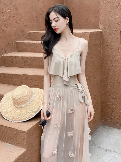 Solid Color V-Neck Hollow Lace-Up Design Three-Dimensional Flower Decoration Mesh Lace-Up Skirt Sleeveless One-Piece Swimsuit Set