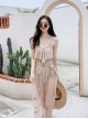 Solid Color V-Neck Hollow Lace-Up Design Three-Dimensional Flower Decoration Mesh Lace-Up Skirt Sleeveless One-Piece Swimsuit Set