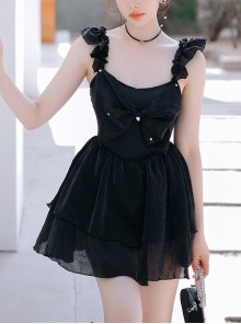 Sexy Sweet Bowknot Design Black Adjustable Shoulder Strap Sleeveless One Piece Swimsuit