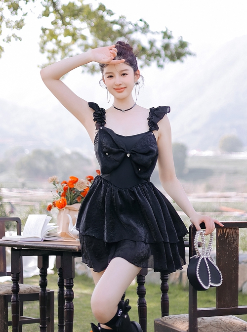 Sexy Sweet Bowknot Design Black Adjustable Shoulder Strap Sleeveless One Piece Swimsuit