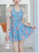 Retro Elegant Floral Detachable Mesh Sleeves Sexy Backless One-Piece Skirt Style Swimsuit