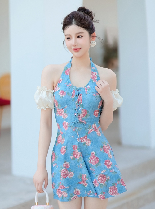 Retro Elegant Floral Detachable Mesh Sleeves Sexy Backless One-Piece Skirt Style Swimsuit