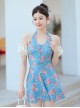 Retro Elegant Floral Detachable Mesh Sleeves Sexy Backless One-Piece Skirt Style Swimsuit