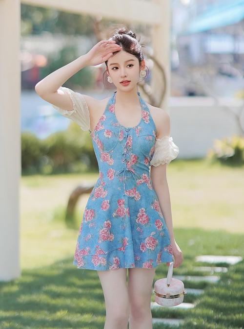 Retro Elegant Floral Detachable Mesh Sleeves Sexy Backless One-Piece Skirt Style Swimsuit