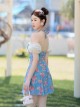 Retro Elegant Floral Detachable Mesh Sleeves Sexy Backless One-Piece Skirt Style Swimsuit