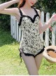 Black Floral Print Sexy Backless Lace-Up Summer Slim Fit Sleeveless One-Piece Swimsuit