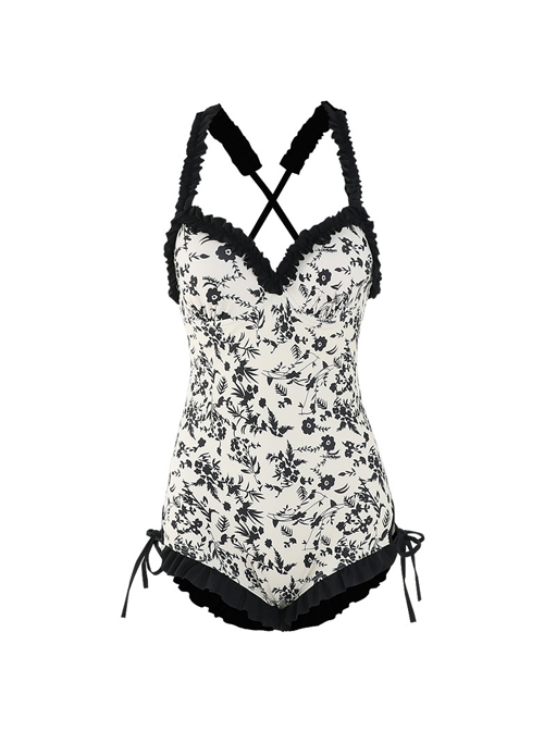 Black Floral Print Sexy Backless Lace-Up Summer Slim Fit Sleeveless One-Piece Swimsuit