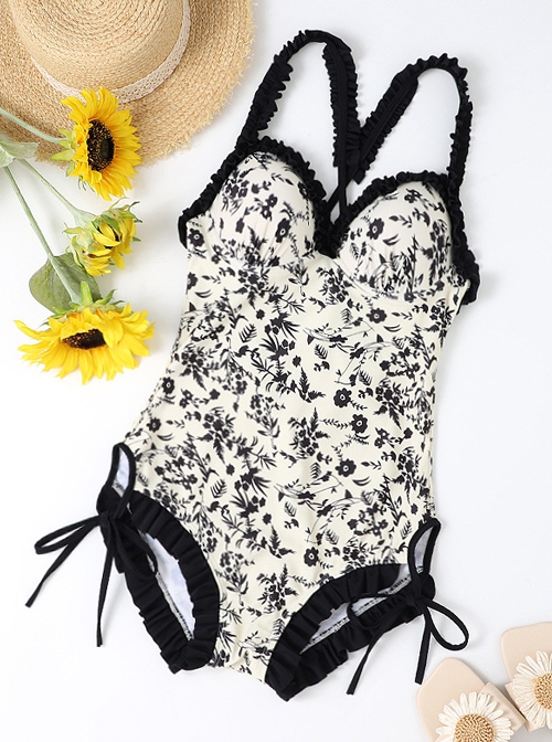 Black Floral Print Sexy Backless Lace-Up Summer Slim Fit Sleeveless One-Piece Swimsuit