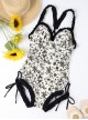 Black Floral Print Sexy Backless Lace-Up Summer Slim Fit Sleeveless One-Piece Swimsuit