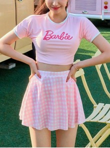 Sweet Pink Plaid Student Conservative Girl Split Three-Piece Short-Sleeved Swimsuit Set