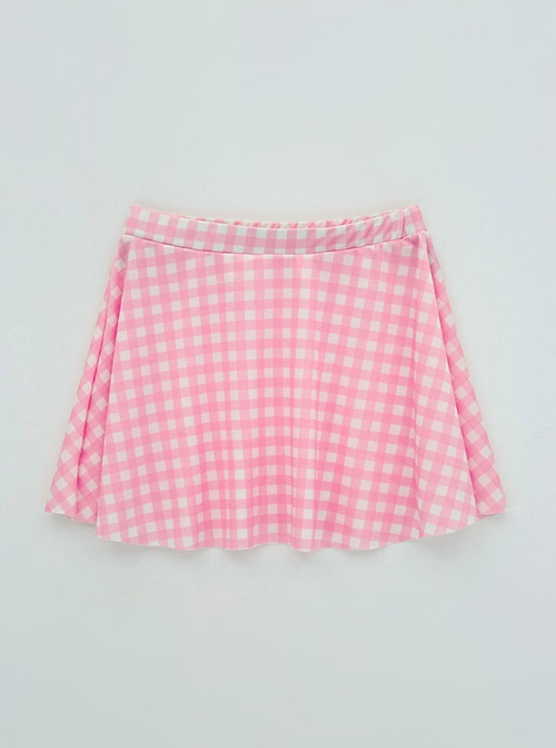 Sweet Pink Plaid Student Conservative Girl Split Three-Piece Short-Sleeved Swimsuit Set