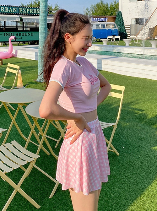 Sweet Pink Plaid Student Conservative Girl Split Three-Piece Short-Sleeved Swimsuit Set