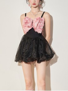 Pink Petal Bowknot Lace-Up Design Black Sexy Backless Sleeveless One-Piece Skirt Style Swimsuit