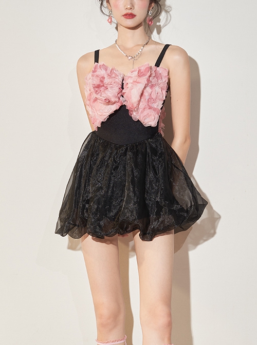 Pink Petal Bowknot Lace-Up Design Black Sexy Backless Sleeveless One-Piece Skirt Style Swimsuit