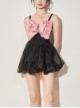 Pink Petal Bowknot Lace-Up Design Black Sexy Backless Sleeveless One-Piece Skirt Style Swimsuit