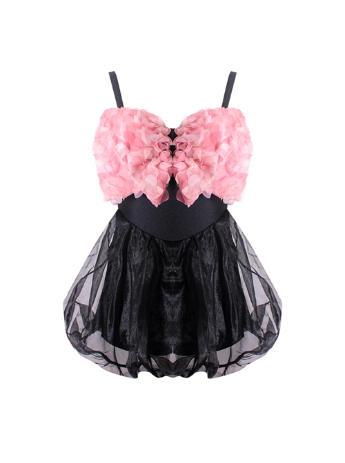 Pink Petal Bowknot Lace-Up Design Black Sexy Backless Sleeveless One-Piece Skirt Style Swimsuit