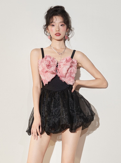 Pink Petal Bowknot Lace-Up Design Black Sexy Backless Sleeveless One-Piece Skirt Style Swimsuit